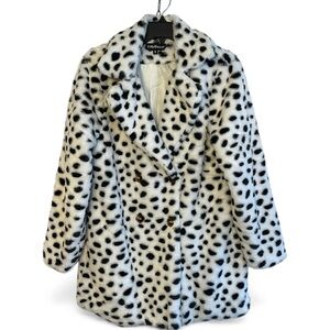 Eilly Bazar Faux Fur Jacket Women M Leopard Print White Black Plush Fashion Boho